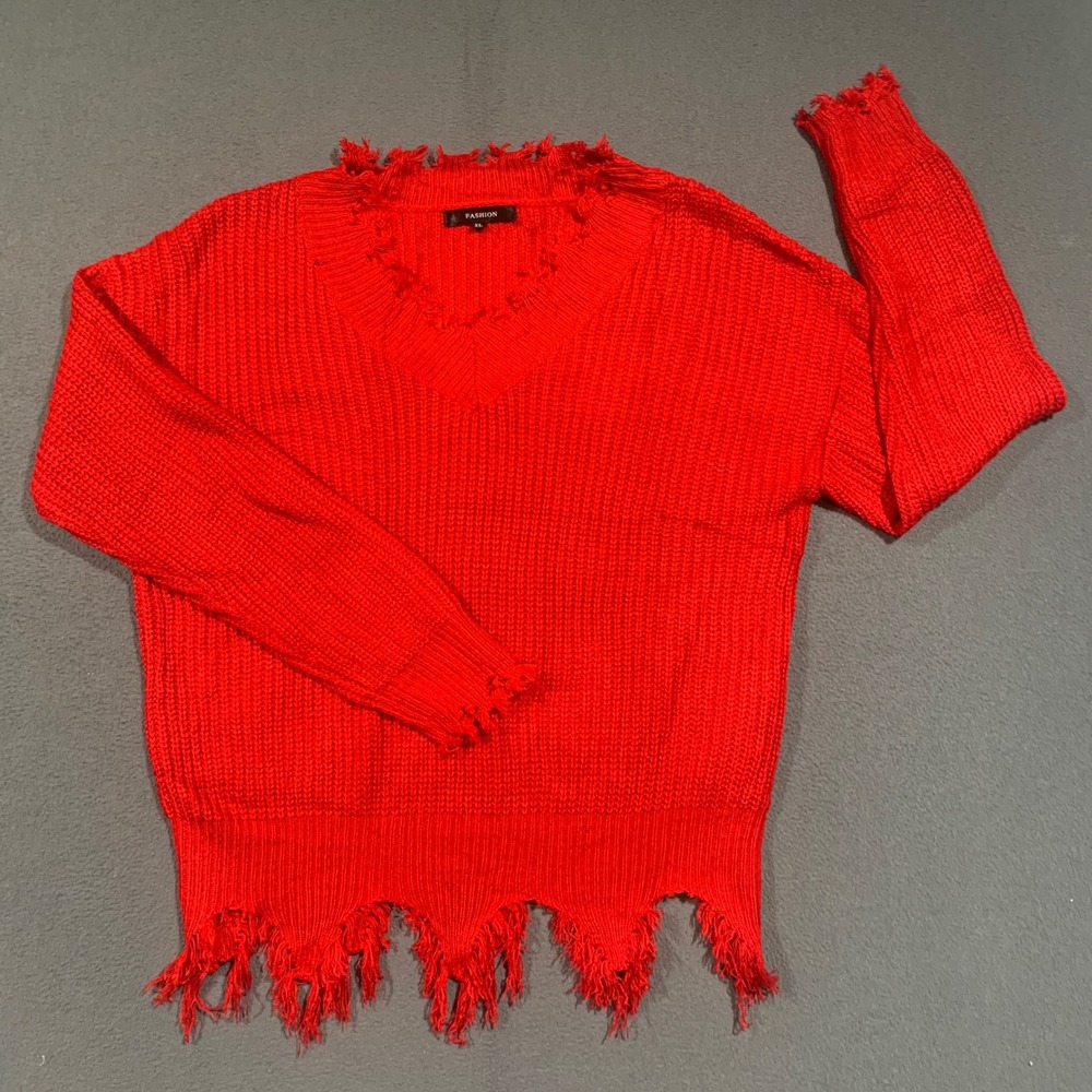 Fashion Distressed V-Neck Sweater Women XL Red Sharkbite Hem Ribbed Knit Chic